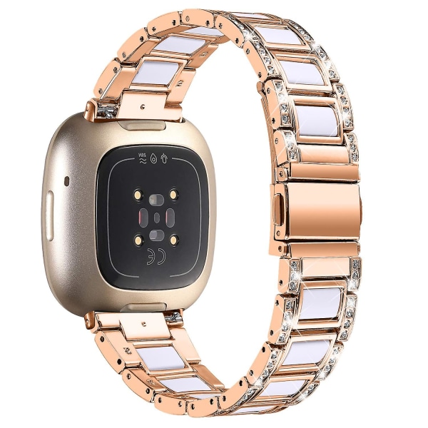 För Fitbit Versa 4/Sense 2 Resin Watch Strap i rostfritt stål med strassdekor Rose Gold White