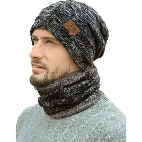 Herrar Vintermössa Halsduk Set Varm Fleecefodrad Stickad Skidmössor Slouchy Skull Cap För Unisex Present Grey