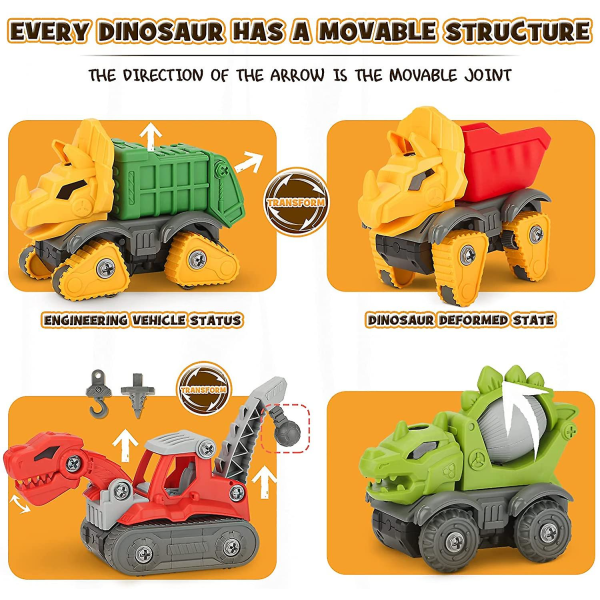 Ta isär dinosauriebilar leksaker för barn med borrar, konstruktionsfordonsleksaker