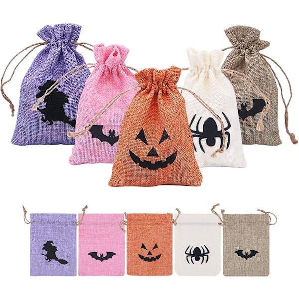 20 stk Halloween Gaveposer med Snøring - Fargerike Jute Sekker for Godbiter!