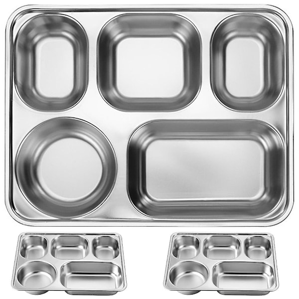 3 stk. Bakke i rustfrit stål, cafeteria-bakke med ruminddeling, cafeteria-tallerken, frokostholder, opdelt cafeteria-bakke