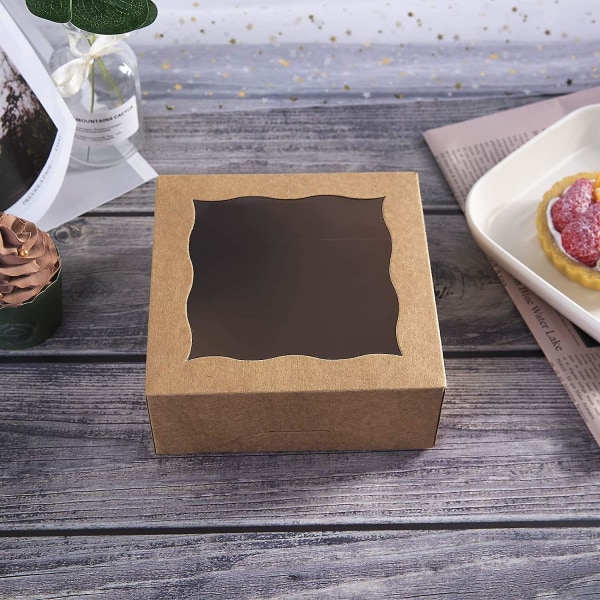6" bruna bagerikartonger med PVC-fönster för paj- och kaklådor Liten naturligt hantverkspapperslåda 6x6x2,5 tum, 12 st.