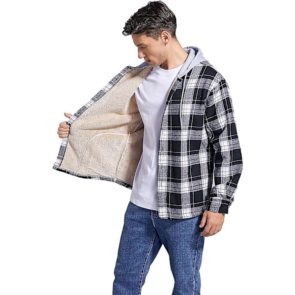 Rutete bomullsjakke for menn, fleeceforet flanellskjorte, Sherpa-jakke med knapper og hette for menn black S
