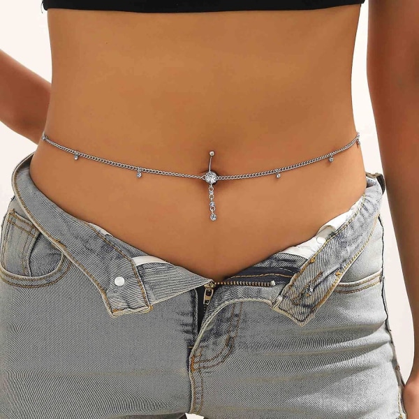Silver Rhinestone Navel Ring: Dangling Belly Chain