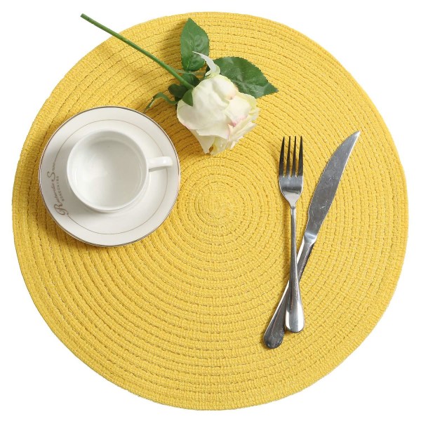 Set med 4 runda bomullsflätade bordstabletter Halkfria bordsunderlägg för matplats Köksbord Tvättbar 15 tum, gul