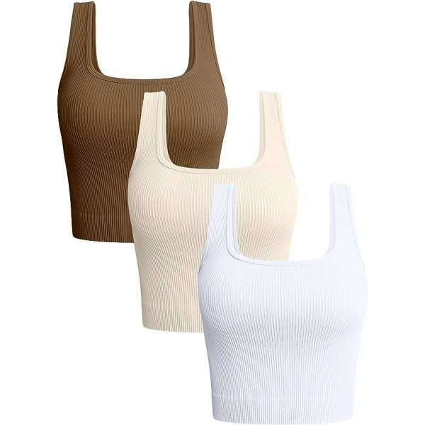 3-delade linne damer Ribbade sömlösa träningströjor Yoga Crop Tops Coffee Beige White S