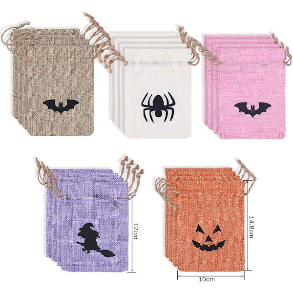 20 stk Halloween Gaveposer med Snøring - Fargerike Jute Sekker for Godbiter!