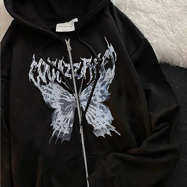 Y2k huvtröja dam höst och vinter hip hop dragkedja fjäril huvtröja dam goth punk jacka kappa Black1 L