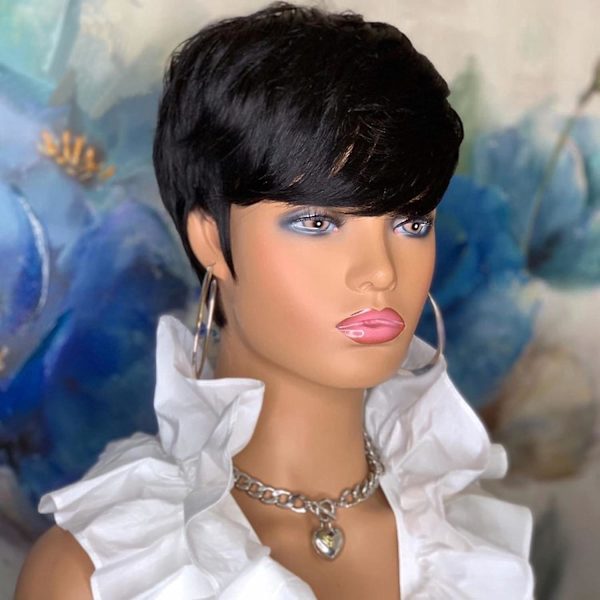 Pixie Cut Peruker För Svarta Kvinnor Korta Lager Pixie Peruker Färg Limlös Brasiliansk Virgin Remy Mänskligt Hår Peruker Full Maskin Gjorda Mänskligt Hår Svart Pixie