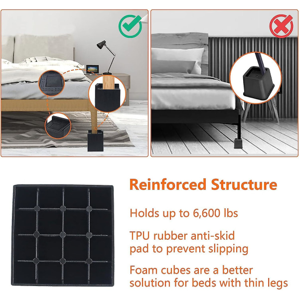 Sänghöjare 4 tums tunga 4-pack, möbelhöjare med gummikuddar stöder upp till 6600 pund, uppgradera fyrkantiga soffhöjare L-form för soffor, soffa, Square 4 Pack L