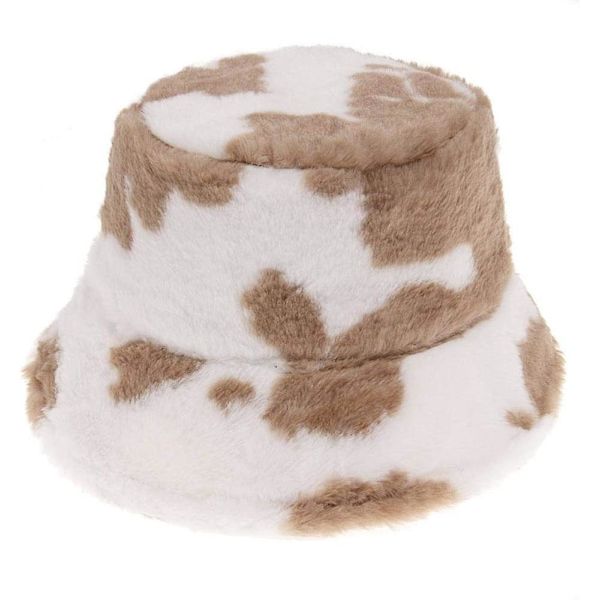 Koppformad hatt med komjölksmönster i plysch, fluffig ull, luddig fiskarhatt, mjuk