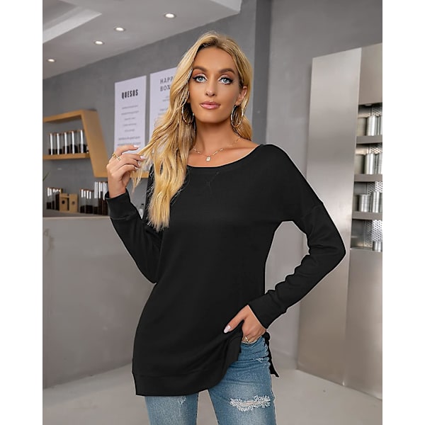 Dam långärmad sweatshirt rund hals sid split casual tunika pullover t-shirt toppar Black M