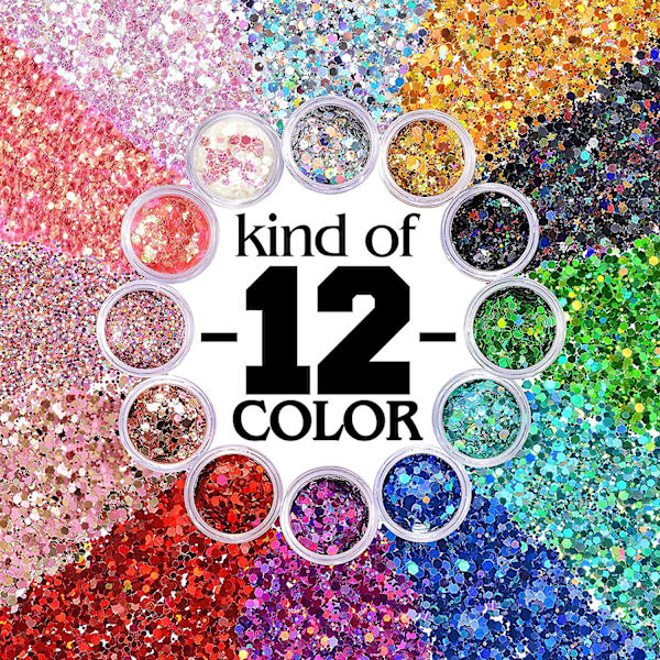 Holografiskt chunky glitter 12 färger totalt 120g ansikte kropp ögon hår nagel festival chunky holografiskt glitter olika storlek, stjärnor och hexagoner formade