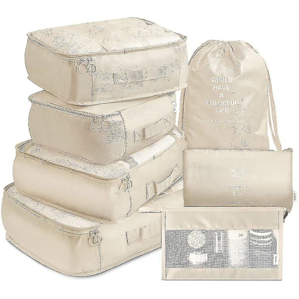 Packningskuber Resväska Packningsorganisatörer Set Med Toalettväska (7 st) Beige