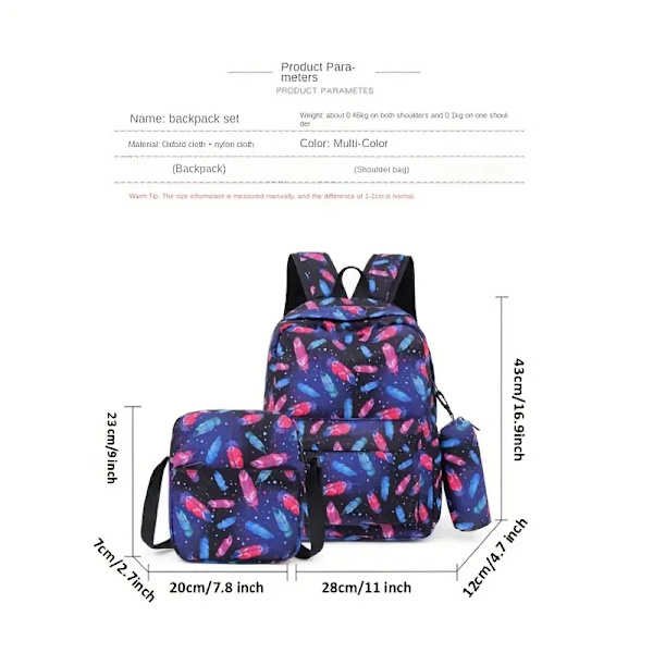 3 st söta tecknade tryckta ryggsäckar med crossbody-väska och pennfodral set, pojkar och flickor mode casual preppy ryggsäck rosa