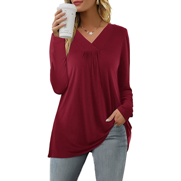 Naisten rento toppi V-kaula-aukko T-paita Lyhyt-/pitkähihainen laskostettu Longine-paita Short Burgundy XXL