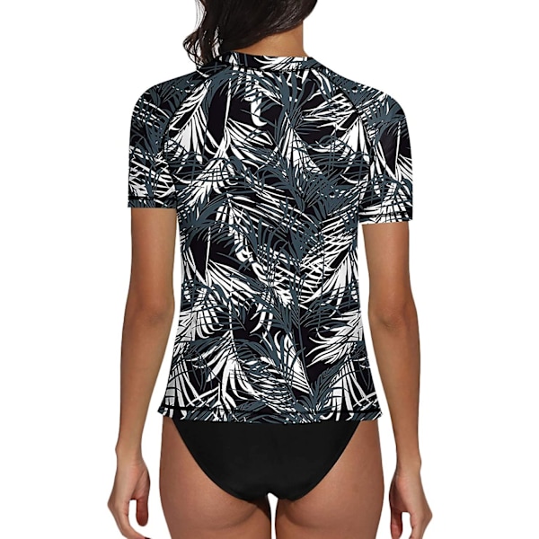 Kvinnors kortärmad skjorta surftopp badkläder sommar simning sport Upf 50+ blommig Black Leaves L