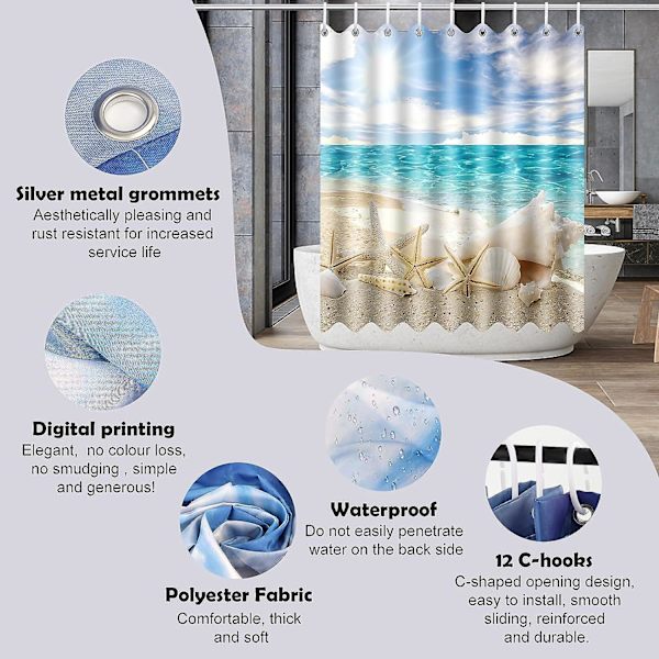 180x200cm Dusjforheng Polyester Muggsikkert Vaskbart Vanntett Stoff Maritim Stil Dusjforheng Med 12 C-kroker For Baderom Hjem Badekar Dusj