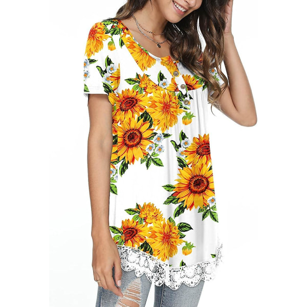 Dame Vår-sommer Henley Skjorter Knapp Tunic Topper 2023 Casual Kort Erm Bluse T Sunflower M