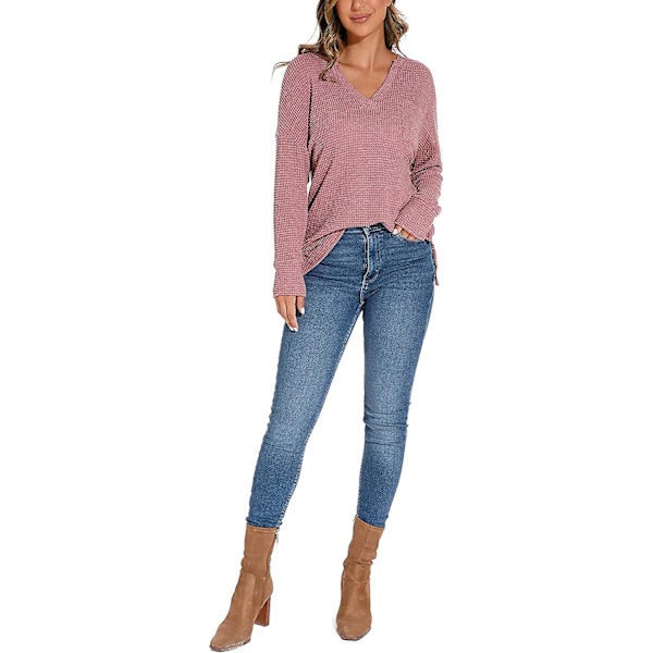 Acsergery V-hals Vaffelstrikket Langærmet Pullover Sweater Bluser Gave til Kvinder