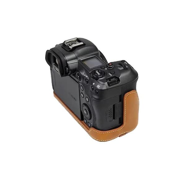 PU-läderkamerahölje för Canon EOS R5/R6/R62 Batteriöppning Flanellfoder Halv kroppsskydd Brown