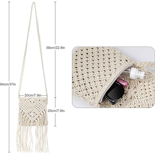 Kvinnors axelväska med tofsar, acsergery flickors fransade virkade plånbok Boho crossbody