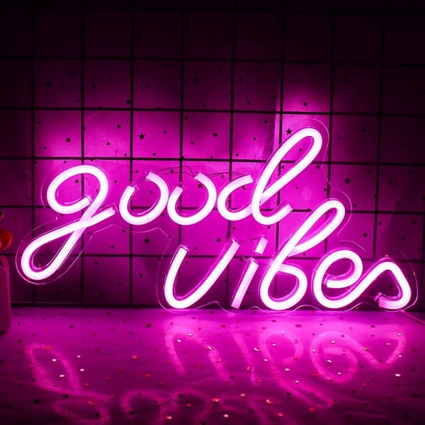 Rosa \"Good Vibes\" Neonskylt - Neonljus för sovrum, LED Neonskyltar för väggdekor