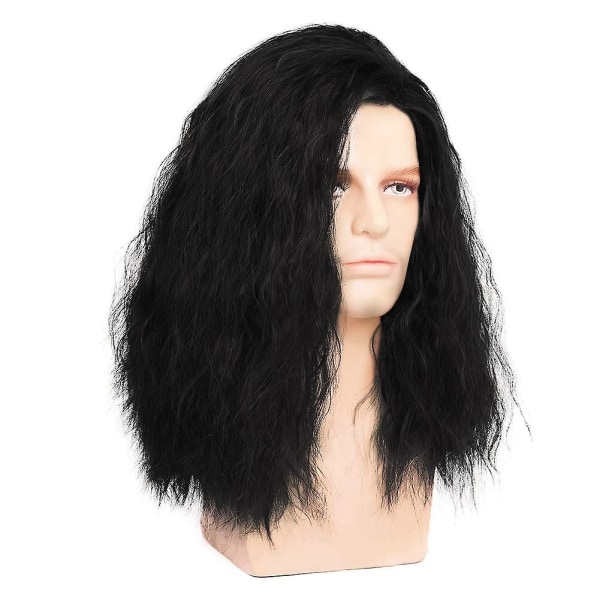 Herr lång lockig svart peruk sidodel Fuffy rocker peruk syntetiskt hår Halloween Cosplay Anime kostym peruk för manlig kille