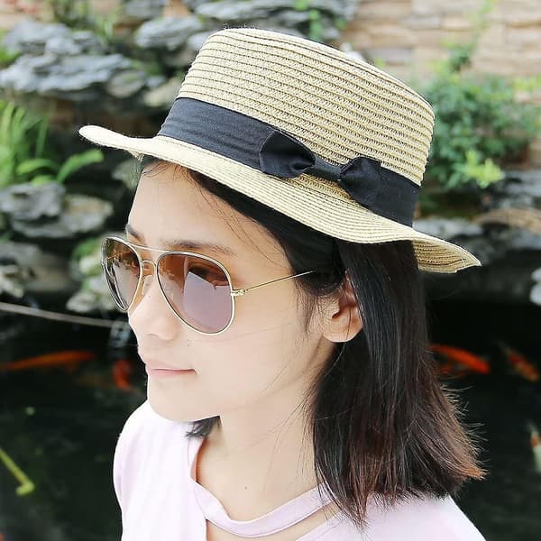 Dame Bowknot Stråhat Sommer Fedoras Boater Solhat Beige