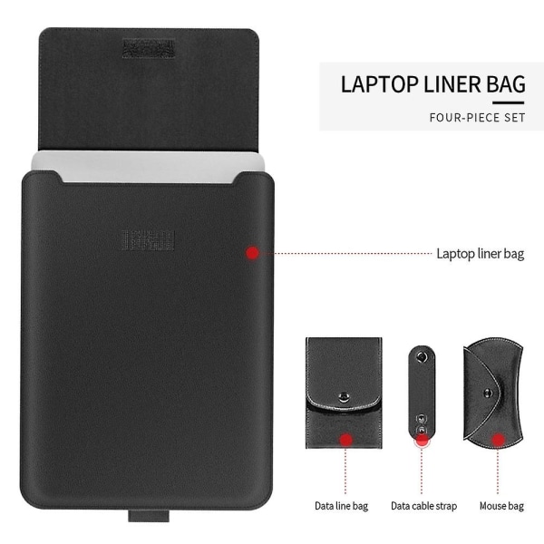 4 stk./sett Bærbar Veske for 11~17-tommers Bærbare Datamaskiner, PU Lær Oppbevaringsveske med Stativ/Håndtakstropp Black 16 to 17 inch Laptop