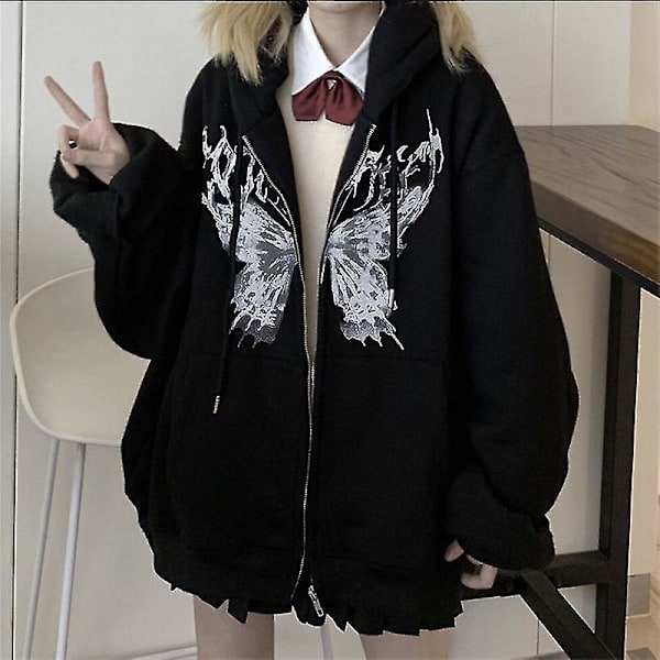 Y2k Huvtröja Dam Höst Och Vinter Hip Hop Dragkedja Fjäril Huvtröja Dam Goth Punk Jacka Rock Black1 M