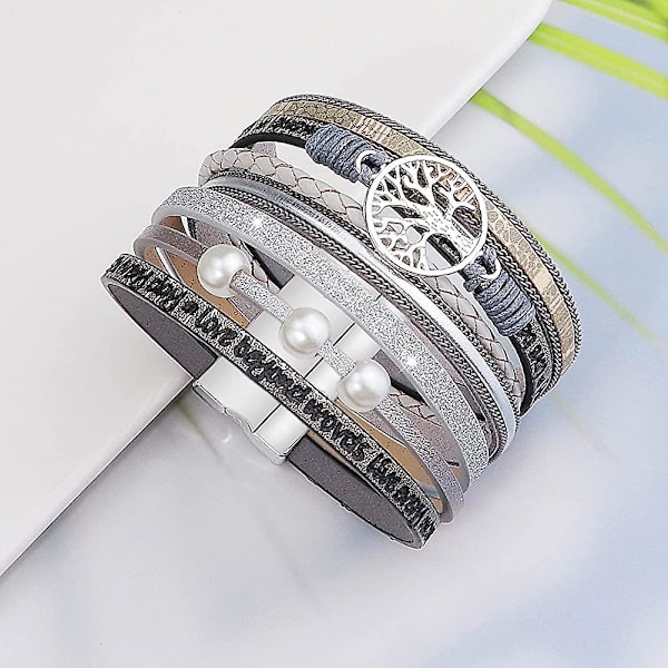 Livets Tre Armbånd Flerlags Lær Wrap Mansjett Armring Magnetisk Spenne