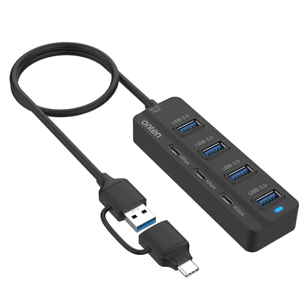7-in-2 USB/Type-C HUB -sovitin, 4 USB 3.0 + 3 USB-C -telakointiasema, 5 Gbps datamuunnin