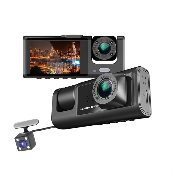3-kanals Dash Cam Fram och Bak Insida, 1080P Dash IR Night Vision, Loop Recording Bil DVR-kamera med 2 tums IPS-skärm 3 kameror Bil Dashcam