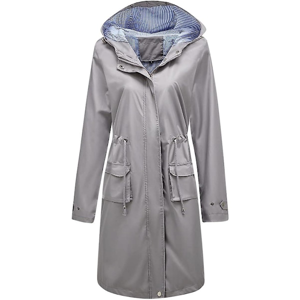 Dame Lang Vandtæt Jakke med Hætte Letvægts Regnfrakke Vindjakke Udendørs Trenchcoat Grey M