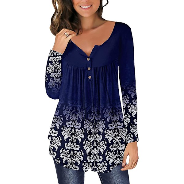 Dame Tunika Topper Ensfarget Plissert V-hals Knapper Bluse Blomstertrykte Damer White 2XL
