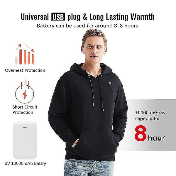 Uppvärmda Hoodies USB Elektrisk Uppvärmning Lättvikts Huvtröjor Tröjor Toppar M