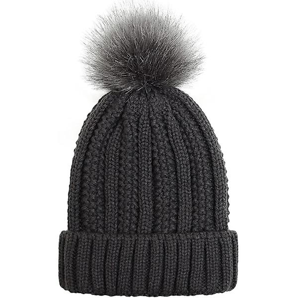 Dam vintermössa damer varma stickade mössor med fuskpäls pom pom