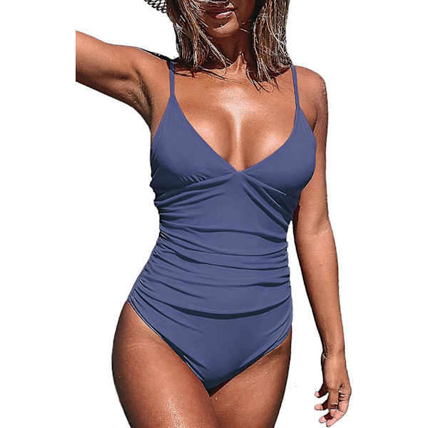 Dame Badedragt Heldragt V-hals Mavekontrol Rynket Front Lav Ryg Dark Blue M