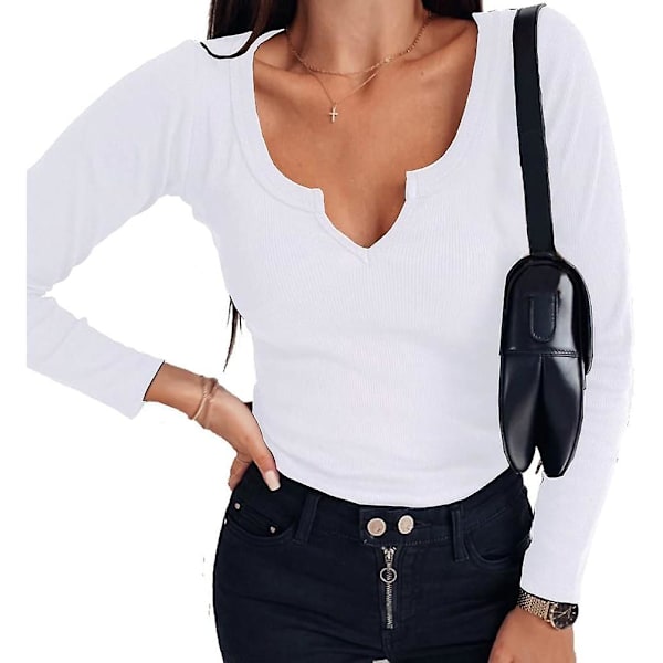 Dam V-ringad Ribbstickad Långärmad Tröja Figursydd Basic Slim Fit Stickad Topp S