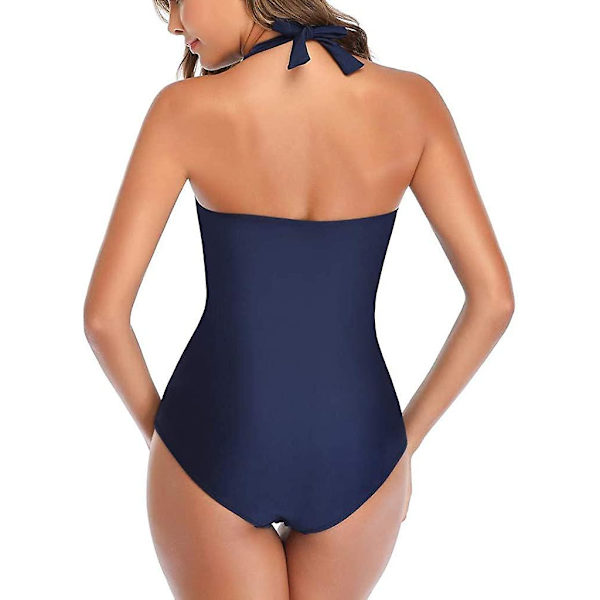 Badedragt i ét stykke til kvinder, retro rynket badetøj, halterneck, ensfarvet 04 dark Blue M