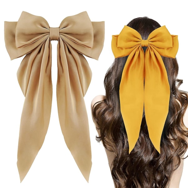 Big Bow Hårklämmor 2st, Long Tail French Hair Roses For Women Girl, Satin Silky Bow Hair Barrette, Champagne Yellow Bow Hair Dress Up Accessories For champagneyellow