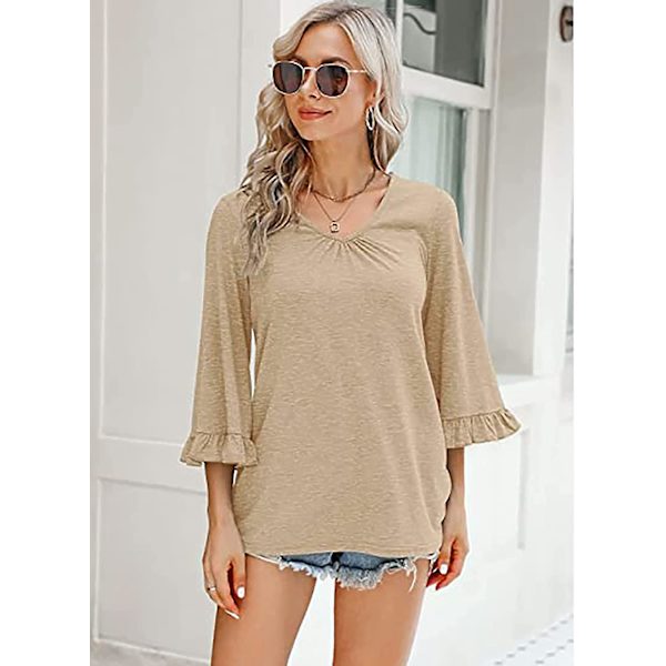 Dame Ensfargede Topper Casual V-hals Ruffle 3/4 Bell Erme Bluse Tunika Løs Skjorte Khaki A L