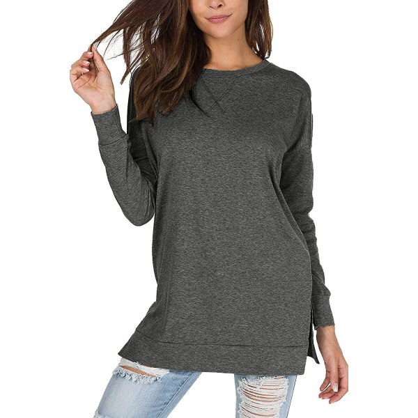 Dam långärmad sweatshirt med rund hals, sidodelad, casual tunika pullover t-shirt toppar Grey L