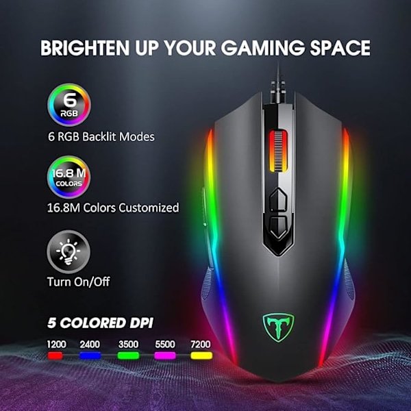 Gaming Mus Kablet, Datamaskin PC Gaming Mus [RGB LED] [Rapid Fire], Avansert 5-nivå 7200 DPI Gaming Sensor, Ergonomisk, 8 Programmerbare Knapper