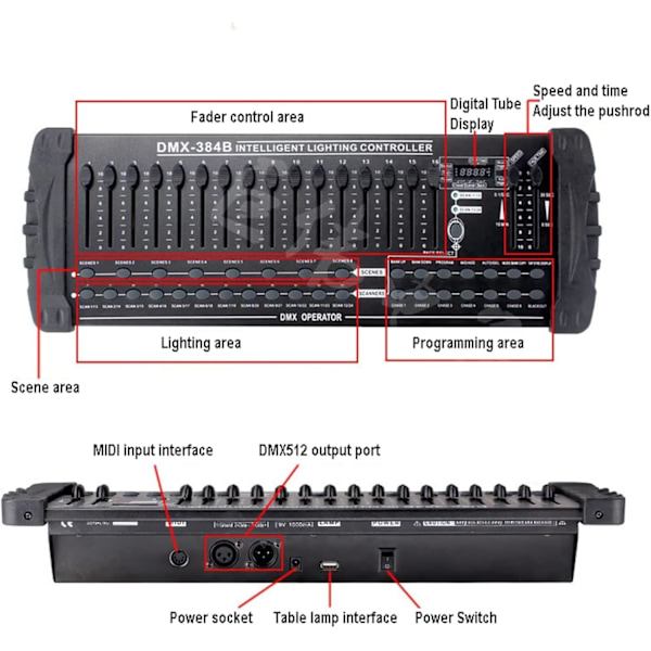 DMX 384B Konsol, Dmx512 Lysstyring, Midi Input, Intelligent DJ Controller, DJ Dæmpningskonsol, Scene Lysstyring, med LED Display