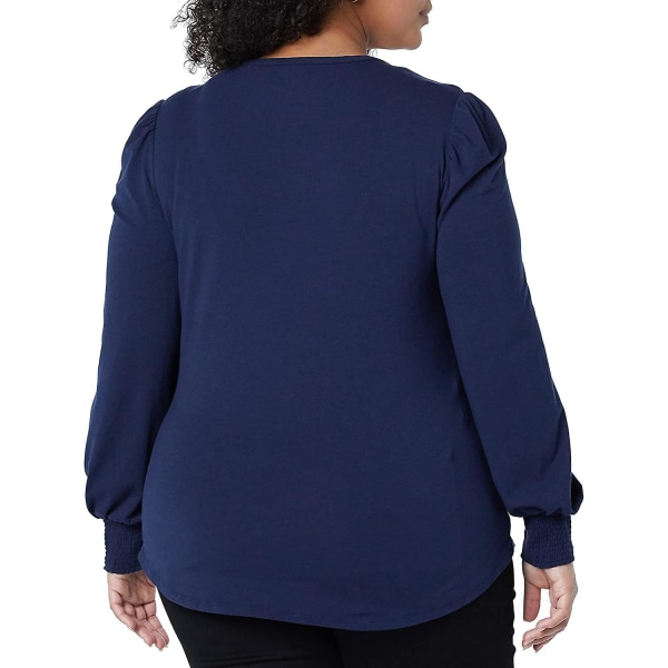 Kvinnors långärmad T-shirt med rund halsringning och smockad manschett Navy XL