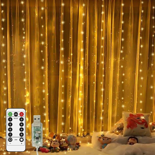 300 LED Vinduesgardin Lys, Fe Twinkle Lys med 8 Tilstande, USB Drevet Hængende Lys med Fjernbetjening til Jule Soveværelse 3M x 3M Warm White