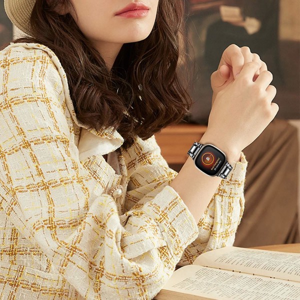 Til Fitbit Versa 4/Sense 2 Resin Urrem Rustfrit Stål Rhinestone Dekor Urrem Black White