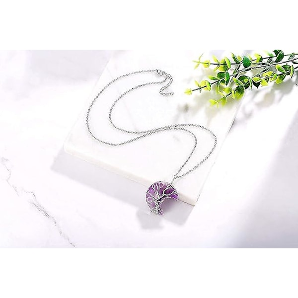 Livets träd Trådinsvept Måne Hänge Halsband Reiki Healing Kristall Sten Halsband Naturlig Ädelsten Kvarts Smycken Kvinnor